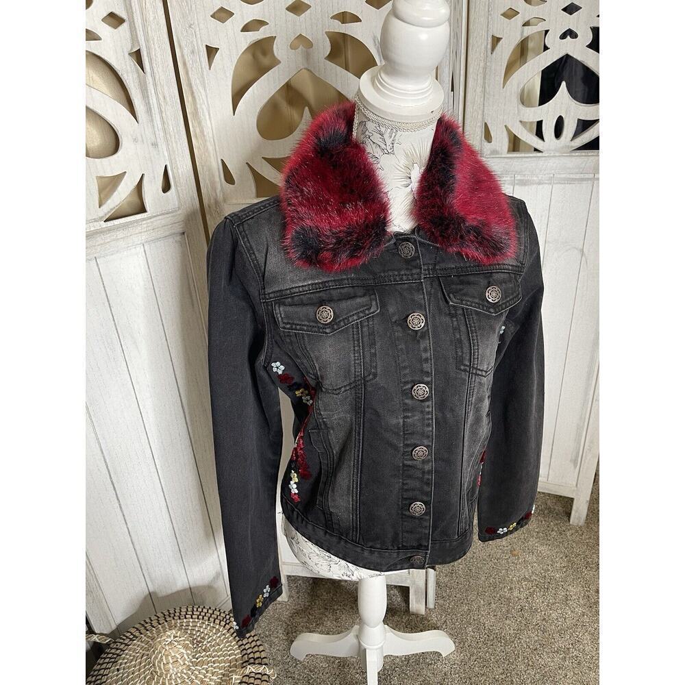 Desigual Denim Black Gray Jacket W/ Red Faux Fur Collar Velvet Flowers Size 42